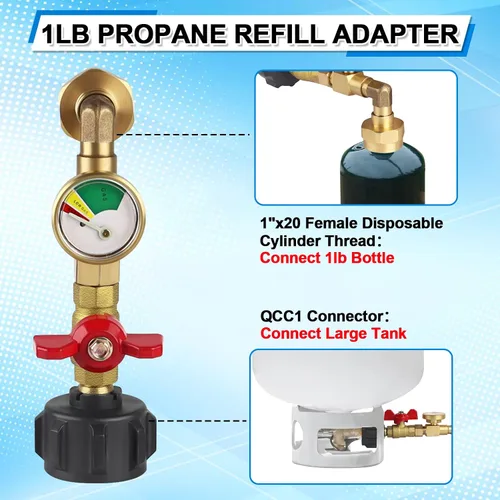 Vista 5 de QCC1 - Adaptador de repuesto de propano mejorado para tanques de 1 libra, adaptador de codo de repuesto de propano de latón QCC1 con medidor