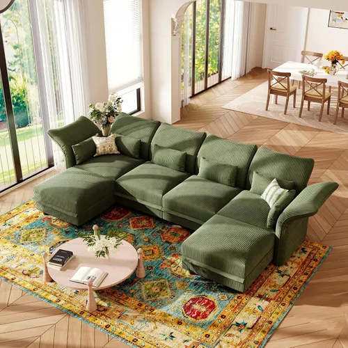 Vista 12 de LLappuil - Sofá seccional en forma de L con almacenamiento, sofás seccionales modulares beige de pana para sala de estar con brazos y respaldos Pana