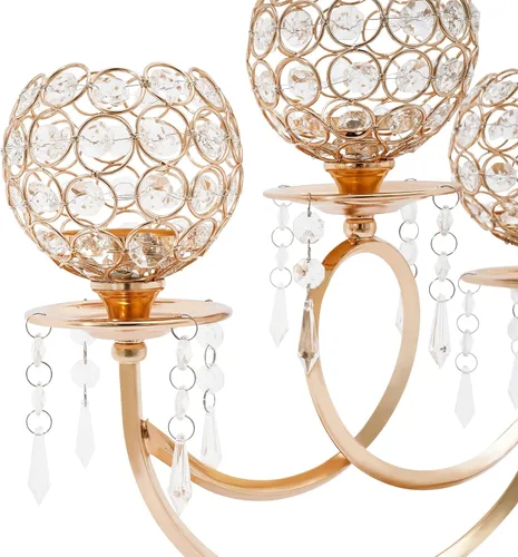 Vista 3 de Portavelas de cristal con 3 brazos, cuenco de cristal dorado, candelabro, centros de mesa para comedor, sala de estar, candelabros, velas de té