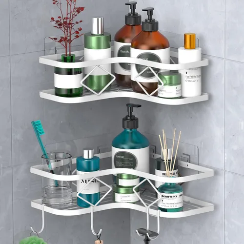 Vista 9 de Organizador de esquina para ducha, paquete de 2 estantes organizadores adhesivos para baño, ducha, sin perforaciones, a prueba de óxido, para montar