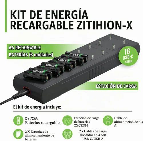 Vista 3 de Coast Zithion-X - Batería recargable AA (8 baterías) y estación de carga ZXCS16 de 16 puertos - Paquete combinado