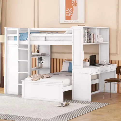 Vista 25 de Cama loft multifuncional de tamaño matrimonial con escritorio integrado, 6 cajones de almacenamiento y estante, marco de cama de madera con escalera