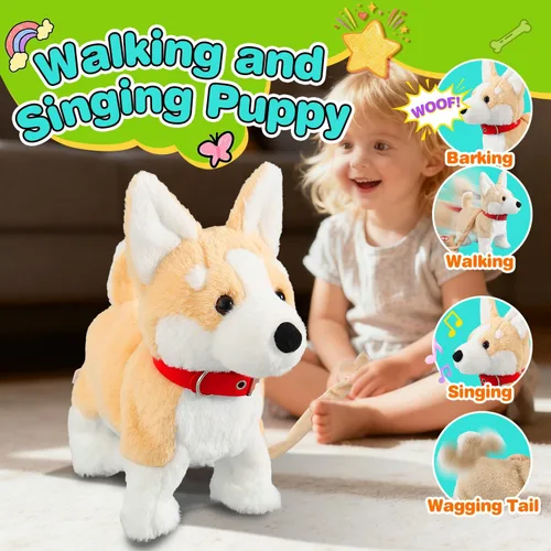 Vista 2 de HCdoujoy Perro Corgi juguete que camina y ladra, cachorro interactivo musical que canta y baila con control de volumen, camina con correa, menea