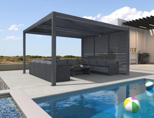 Vista 9 de PURPLE LEAF - Pérgola con listones de 10 x 12 pies, sistema de drenaje 94AS para patio, color gris Premium All-Aluminum Rustproof Build, Modern