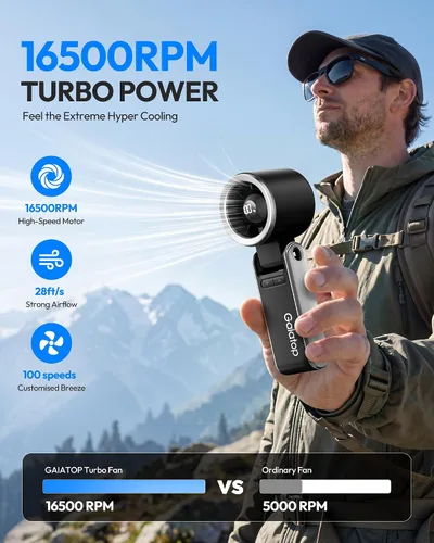 Vista 4 de Gaiatop Ventilador turbo portátil de mano, 21 horas de refrigeración, ventiladores de mano 4 en 1 plegables de 180°, mini ventiladores personales