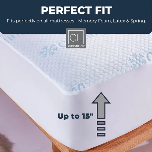 Vista 5 de Comfort Lab Protector de colchón refrescante Queen, 15 pulgadas de profundidad, tela de rizo, lavable a máquina