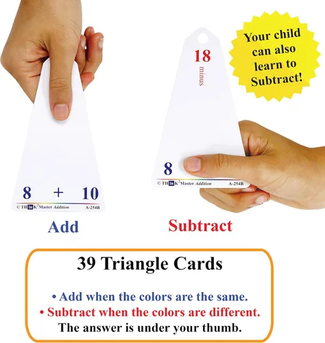 Vista 3 de Think2Master Tarjetas flash triangulares de suma y resta de multiplicación laminada premium 78 tarjetas flash borrables en seco. Incluye 2 anillos.