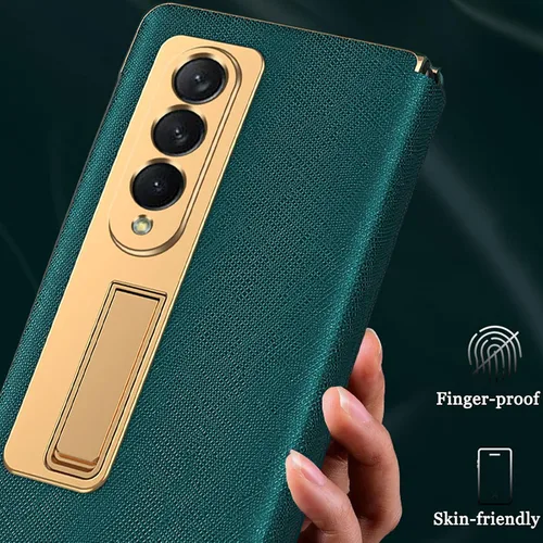 Vista 5 de Ninki Funda de cuero para Galaxy Z Fold 3 con función atril, color negro, cuero de lujo con PC a prueba de golpes y soporte de anillo protector