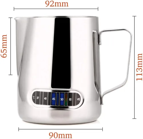 Vista 8 de Jarra de espuma de leche de acero inoxidable, 20 oz/20.3 fl oz, jarra de vapor Cappuccino Latte Art con mango ergonómico y termómetro