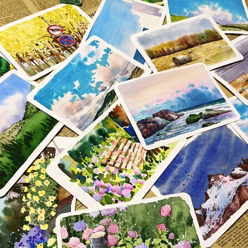 Vista 5 de Postales de papel de acuarela, 100% algodón, 24 hojas, 4 x 6 pulgadas, 140 libras (300 gsm), prensa en frío, diario de acuarela, papel de arte