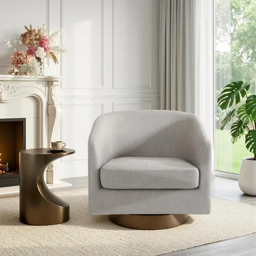 Vista 41 de Silla Giratoria de Acento de Cuero Sintético con Base de Madera, Sillas de Barril Tapizadas Modernas para Sala de Estar, Cómodo Sillón Redondo Sofá