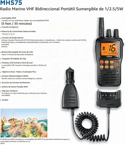 Vista 4 de Uniden Radio marino sumergible de 2 vías 6 W VHF. Impermeable IPX8/JIS8.