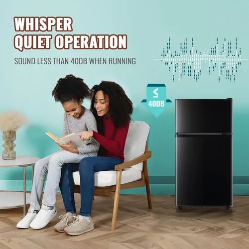 Vista 6 de WANAI Refrigerador pequeño con congelador de 3.5 pies cúbicos, mini refrigerador con congelador en la parte superior, doble puerta, pequeño Negro