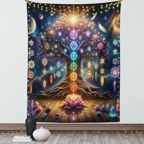 Vista 27 de Ambesonne Tapiz hippie, abrazo de hongos de ensueño y árbol de la vida místico y mandal verde, decoración de tela para colgar en la pared