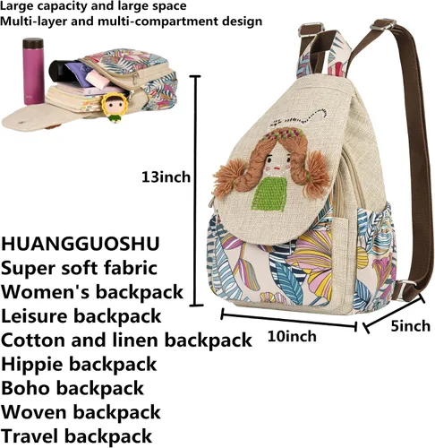 Vista 86 de HUANGGUOSHU Mochila de algodón tejida de algodón bohemio con bordado de lona estilo bohemio con múltiples bolsillos retro linda mochila cartera