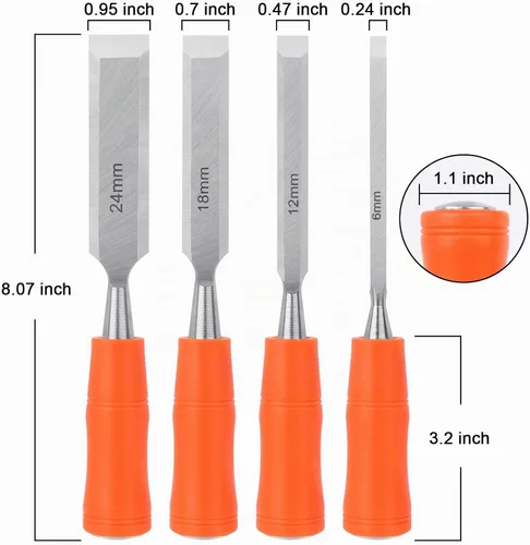 Vista 2 de Juego de 4 cinceles de madera para carpintería, cinceles de madera para carpintería con extremo de martillo de acero, herramientas de madera, juego