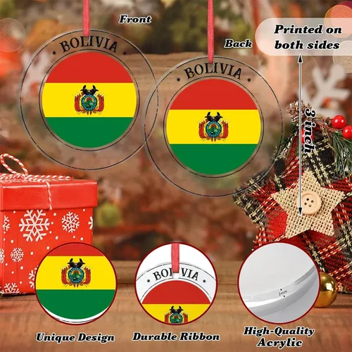Vista 4 de Adornos de Navidad de Bolivia 2022, adorno de bandera de Bolivia para decoración de árbol de Navidad, recuerdo de ciudad de campo de Bolivia