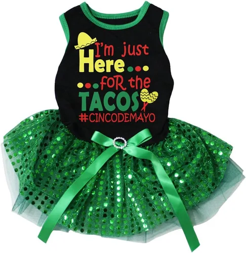 Vista 5 de Petitebella I'm Just Here for The Tacos - Vestido para perro (LED negro/verde, talla XS)
