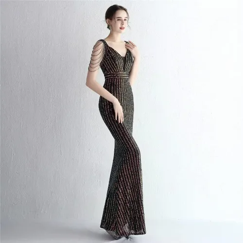 Vista 3 de Mordarli Vestidos de fiesta con lentejuelas en la espalda para mujer, con abertura, vestidos formales largos, vestidos de noche de espaguetis