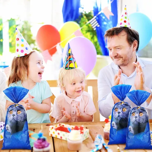 Vista 5 de Hotop 100 bolsas de celofán con 150 corbatas, suministros de decoración de cumpleaños con temática de gatito, suministros para niños, hogar, aula