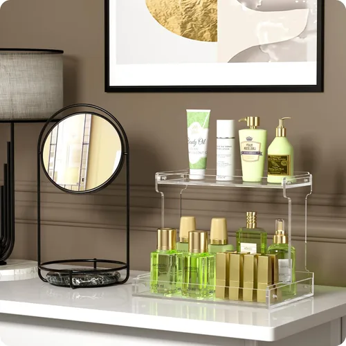 Vista 2 de NPPLUS Organizador de encimera de baño, estante de almacenamiento de acrílico transparente de 2 niveles para organizador de encimera de baño