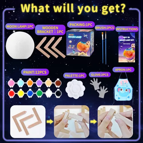 Vista 4 de Weceit Pinta tu propia lámpara de luna, luz de luna galaxia 3D DIY con 12 pinturas de acuarela no tóxicas, artes y manualidades para niños de 8 a 12