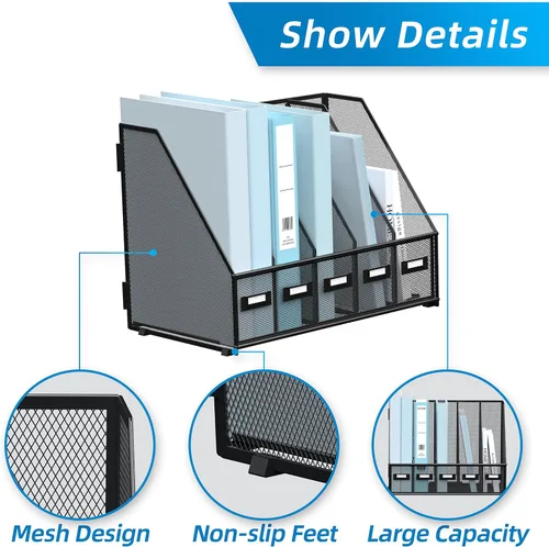 Vista 4 de SUPEASY Organizador de escritorio de metal para revistas, con 5 compartimentos verticales, organizador de archivos para escritorio de oficina, Negro