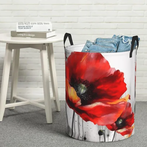 Vista 8 de Beautiful Poppy Flower Ink print Circular Hamper Waterproof Storage Bin Organizer Basket Laundry Hamper With Handles For Clothes Toys Small