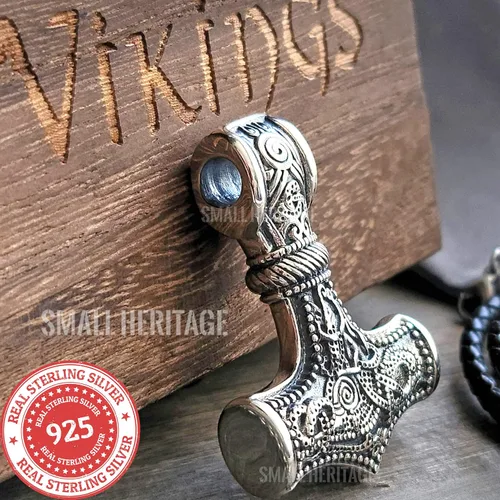 Vista 8 de Collar de martillo vikingo de plata de ley 925 con colgante de amuleto nórdico Odin para hombre, Plata esterlina, No es una piedra preciosa