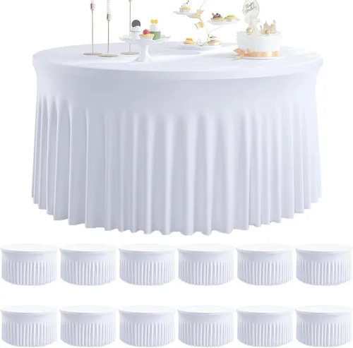 Vista 49 de Paquete de 6 manteles redondos de elastano azul bebé para mesa de 60 pulgadas, manteles elásticos de 120 pulgadas ajustables de 5 pies, manteles