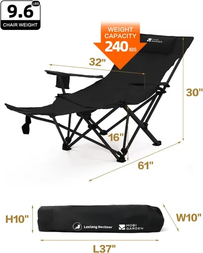 Vista 2 de MOBI GARDEN Silla de camping reclinable con reposapiés, silla lounge plegable ajustable de 4 posiciones para adultos, reposapiés portátil y Negro