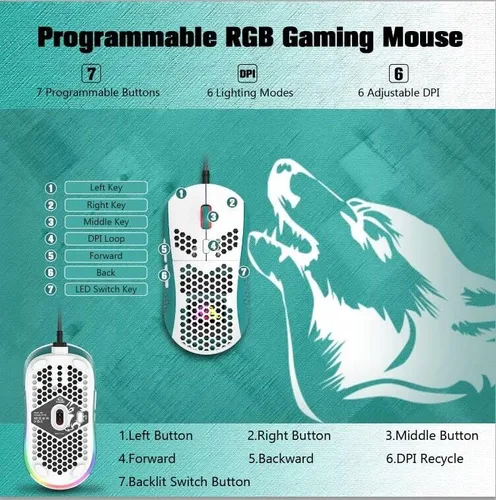 Vista 6 de ZIYOU LANG Ratón para juegos RGB con cable, 65G ligero de panal ultraligero con sensor de alta precisión 6400DPI, 6 botones programables USB