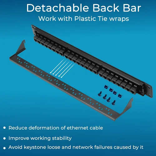 Vista 6 de Rapink Panel de conexión de 24 puertos Cat6 con soporte Keystone en línea 10G, panel de conexión con acoplador de paso UTP de 19 pulgadas con barra