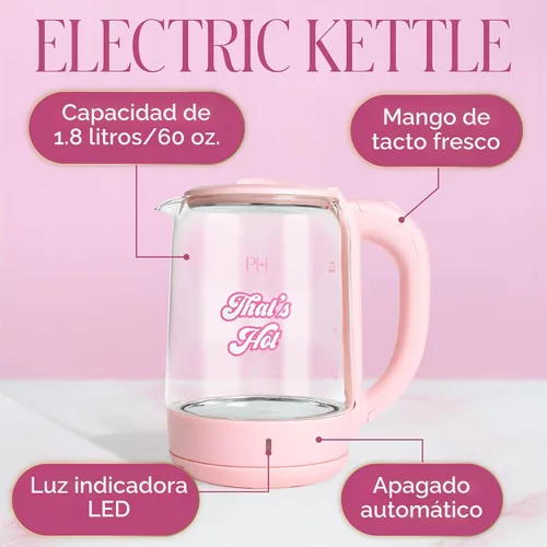 Vista 3 de Paris Hilton Hervidor eléctrico, ebullición rápida con apagado automático, indicador LED, base de 360°, almacenamiento de cables, 1.8 litros