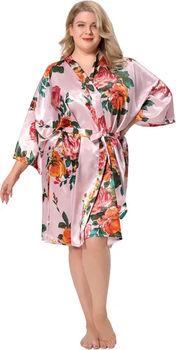 Vista 4 de ALHAVONE Bata kimono corta de satén sedoso con flores de rosas para mujer para prepararse