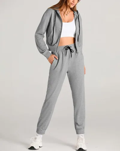 Vista 3 de Amkoyam Conjunto de dos piezas para mujer, de manga larga, con cremallera, sudadera con capucha y pantalones largos
