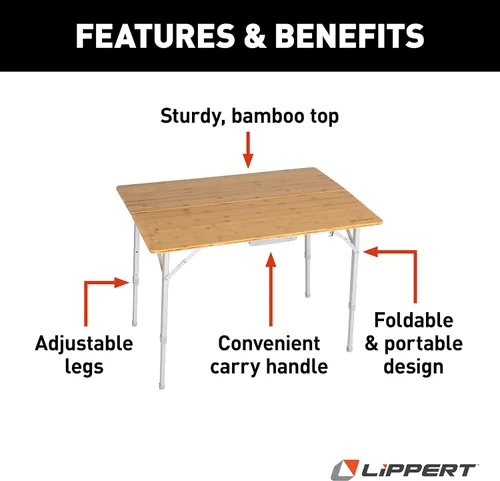 Vista 4 de Lippert - Mesa de campamento ajustable de bambú biplegable, superficie de mesa de 39-1/2" x 28-1/2" x 27-1/2", parte superior de madera lisa, patas