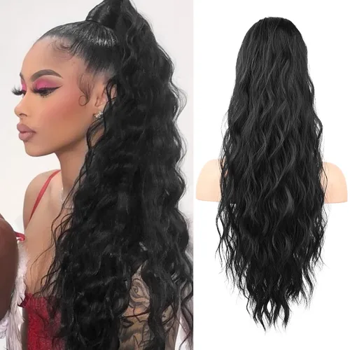 Vista 27 de FLUFYMOOZ Extensión de cola de caballo de 22 pulgadas, extensiones de cabello sintético ondulado largo y rizado para mujer
