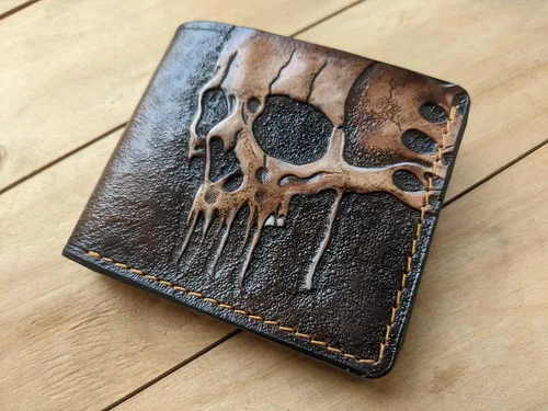 Vista 2 de Melting Skull, Zombie, Skeleton, Men's 3D Genuine Leather Wallet, Hand-Carved, Hand-Painted, Leather Carving, Custom wallet, Personalized wallet