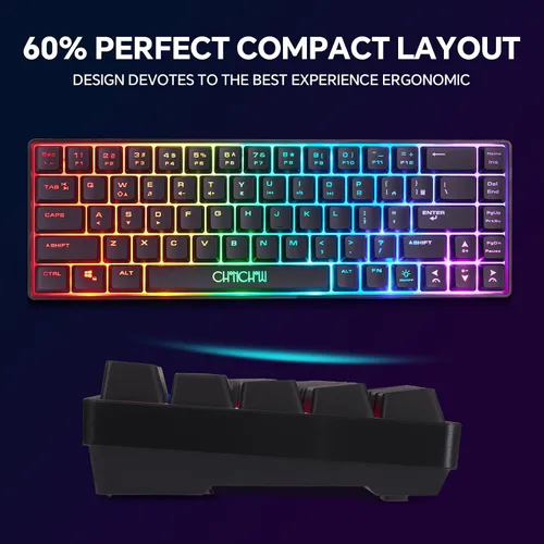 Vista 4 de CHONCHOW Combo de teclado y mouse inalámbricos 60 % para juegos, retroiluminación RGB recargable con luz LED, mouse y teclado inalámbricos