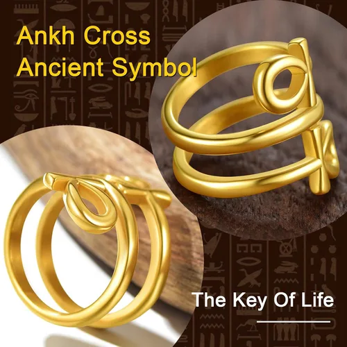 Vista 4 de ChainsProMax Puede grabar anillos de cruz Ankh para hombres y mujeres, anillo de mitología de joyería egipcia, acero inoxidable, chapado en oro
