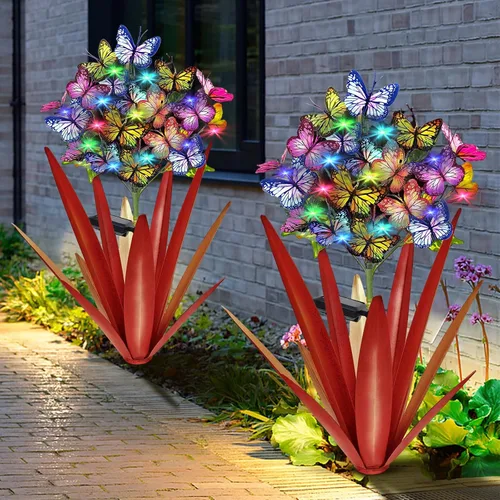 Vista 9 de Homight Escultura Solar de Metal Agave Mariposa Flor en Palo para Jardín - Regalo al Aire Libre, Luces de Navidad - Luces de Jardín de Mariposas
