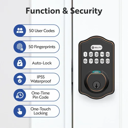 Vista 5 de Solity Cerradura electrónica inteligente digital para puerta, entrada sin llave, bloqueo automático, 50 códigos personalizados y huellas dactilares