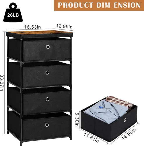 Vista 3 de MOOACE Cómoda de almacenamiento de tela con 4 cajones, pequeña cómoda, organizador de ropa y torre de almacenamiento para dormitorio, organizador