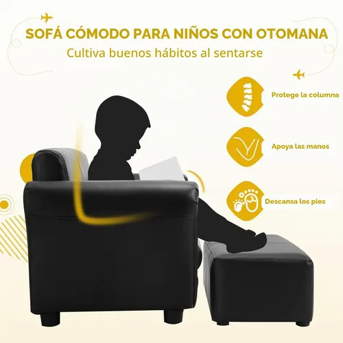 Vista 5 de INFANS Sofá infantil de 2 asientos con reposapiés, construcción de madera resistente, sillón con reposabrazos para niños en edad preescolar, sofá