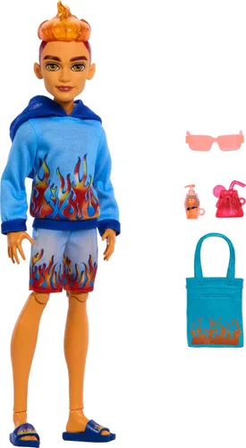 Vista 9 de Muñeca Monster High Scare-adise Island Clawdeen Wolf con traje de baño, pantalones deportivos y accesorios de playa como visera, botella de agua