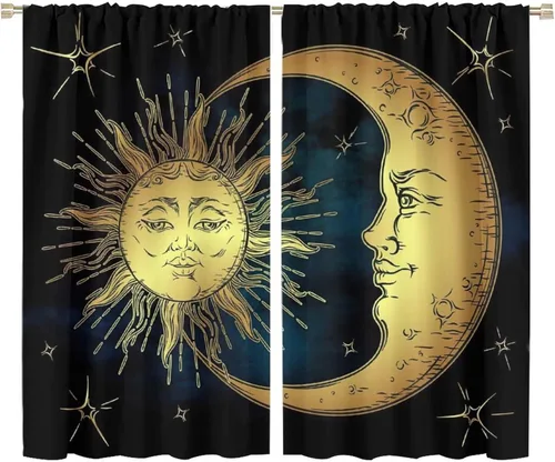 Vista 75 de Cortinas opacas con diseño de sol y luna, cuerpos celestes bohemios, con diseño de sol, luna y estrellas, para sala de estar, dormitorio, 42 x 45