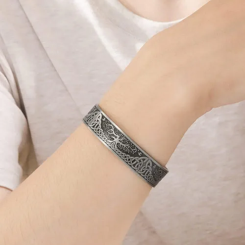 Vista 3 de Yggdrasil - Pulsera de acero inoxidable con diseño del árbol de la vida del mundo para el cuidado de la salud, para hombre (plata antigua), Zinc,