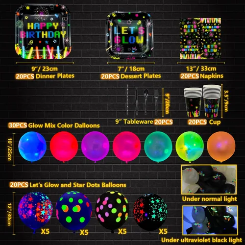 Vista 5 de 241 piezas de suministros para fiestas de neón brillante, juego de vajilla de neón brillante, globos de neón que brillan en la oscuridad, pancarta