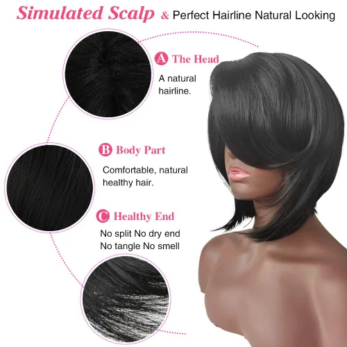 Vista 4 de SCENTW Pelucas sintéticas de corte corto para mujer, resistente al calor, pelucas afroamericanas con flequillo lateral, pelucas completas negras